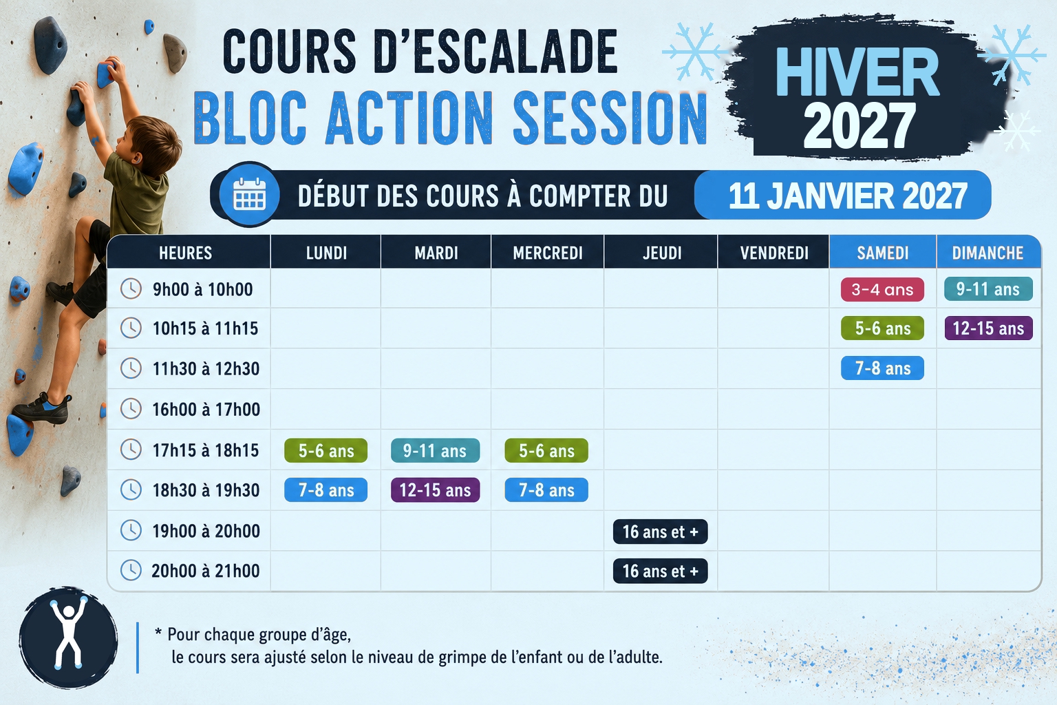 Cours d’escalade, session hiver 2027